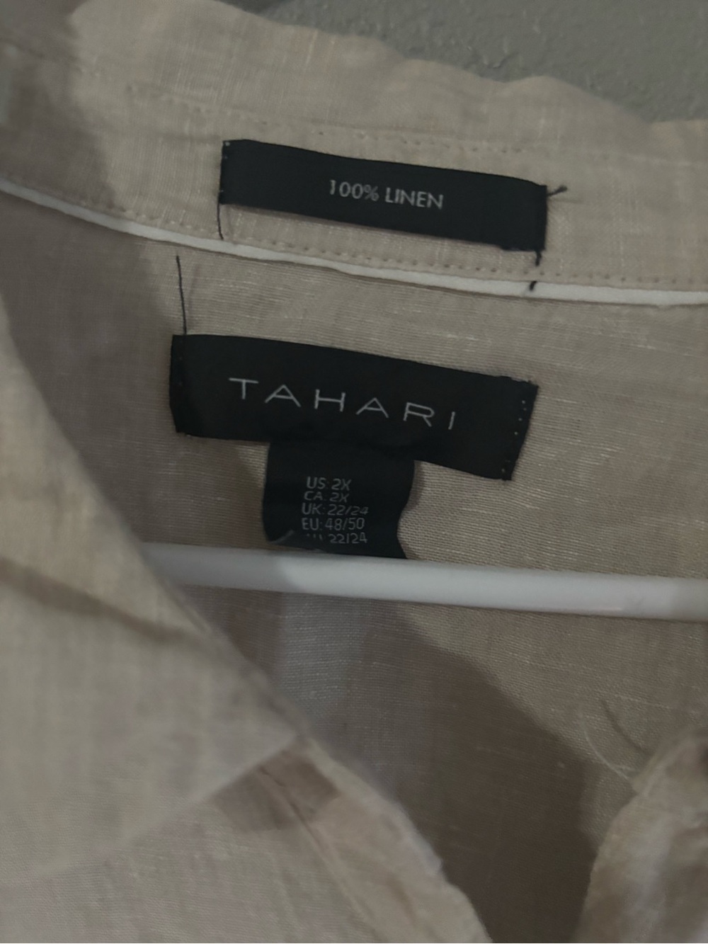 Tahari Two-Tone Linen Button-Down Shirt in Beige and White - Picture 3 of 3